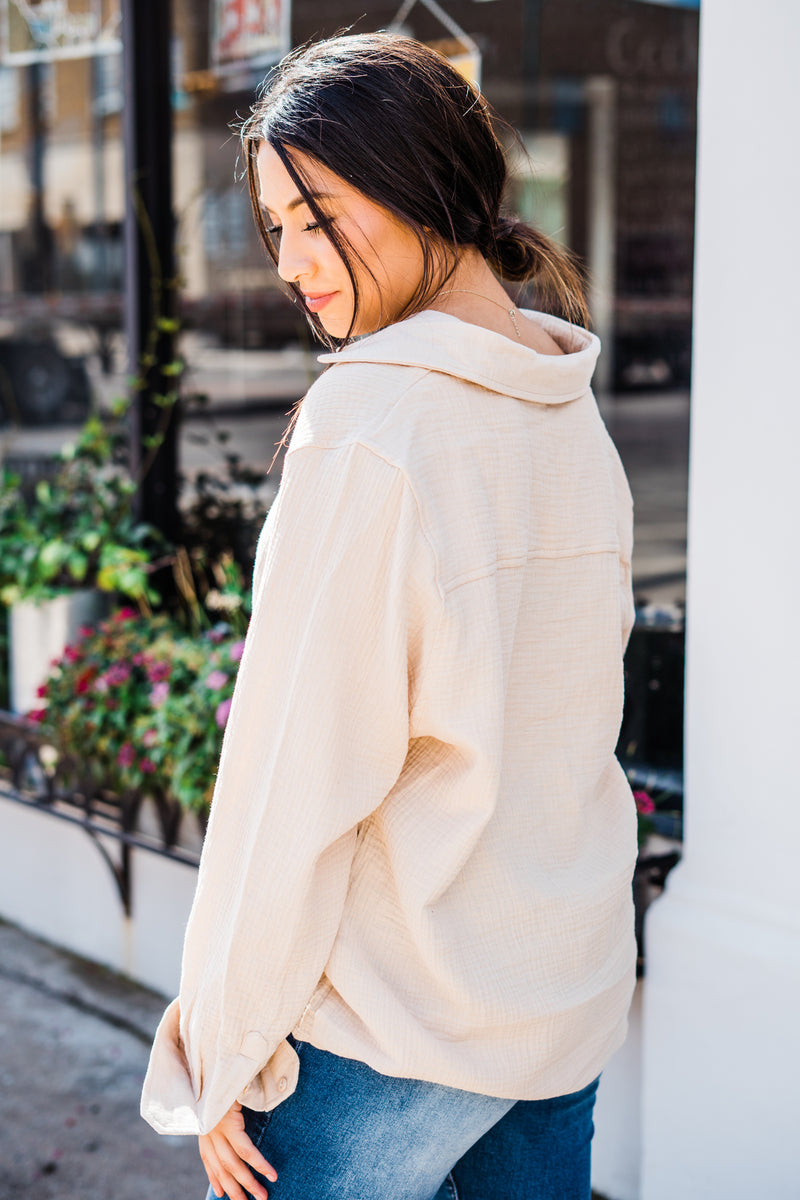 Beige oversized button up top 