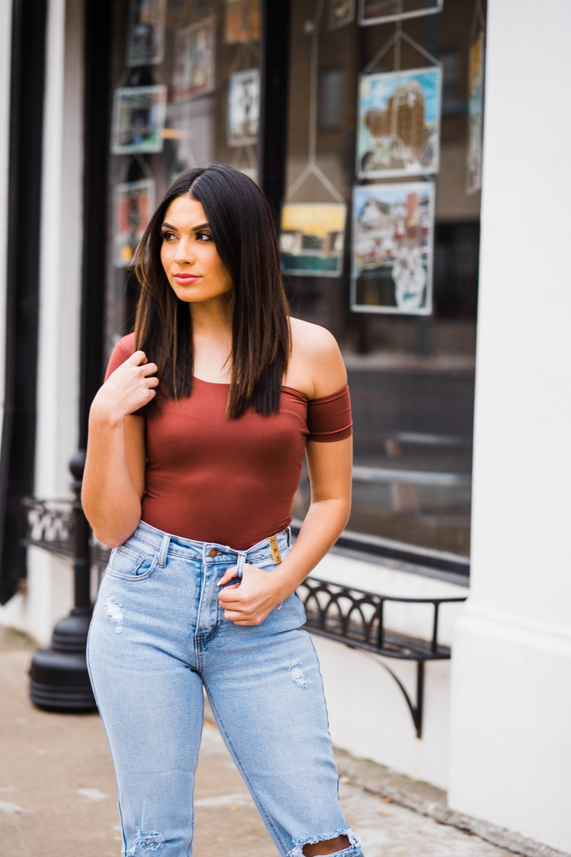 Red brown off the shoulder Bodysuit 