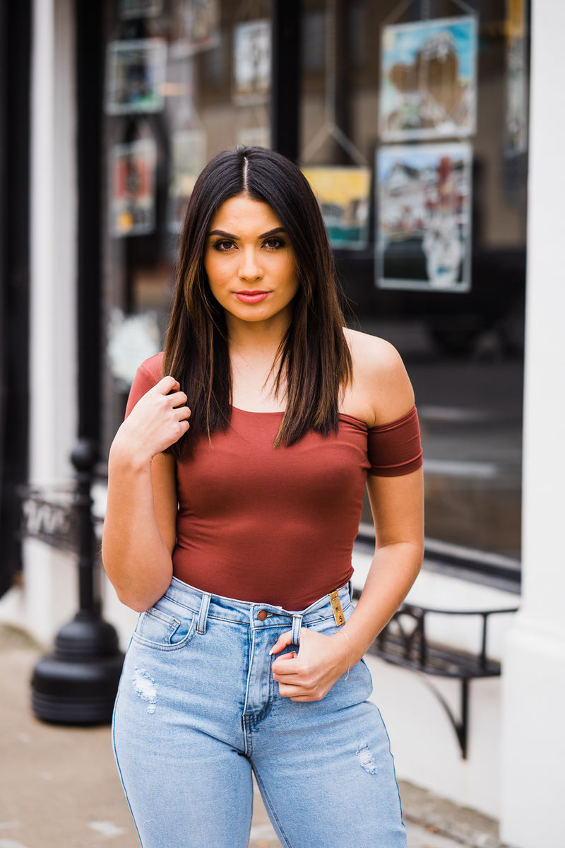 Red brown off the shoulder body suit 