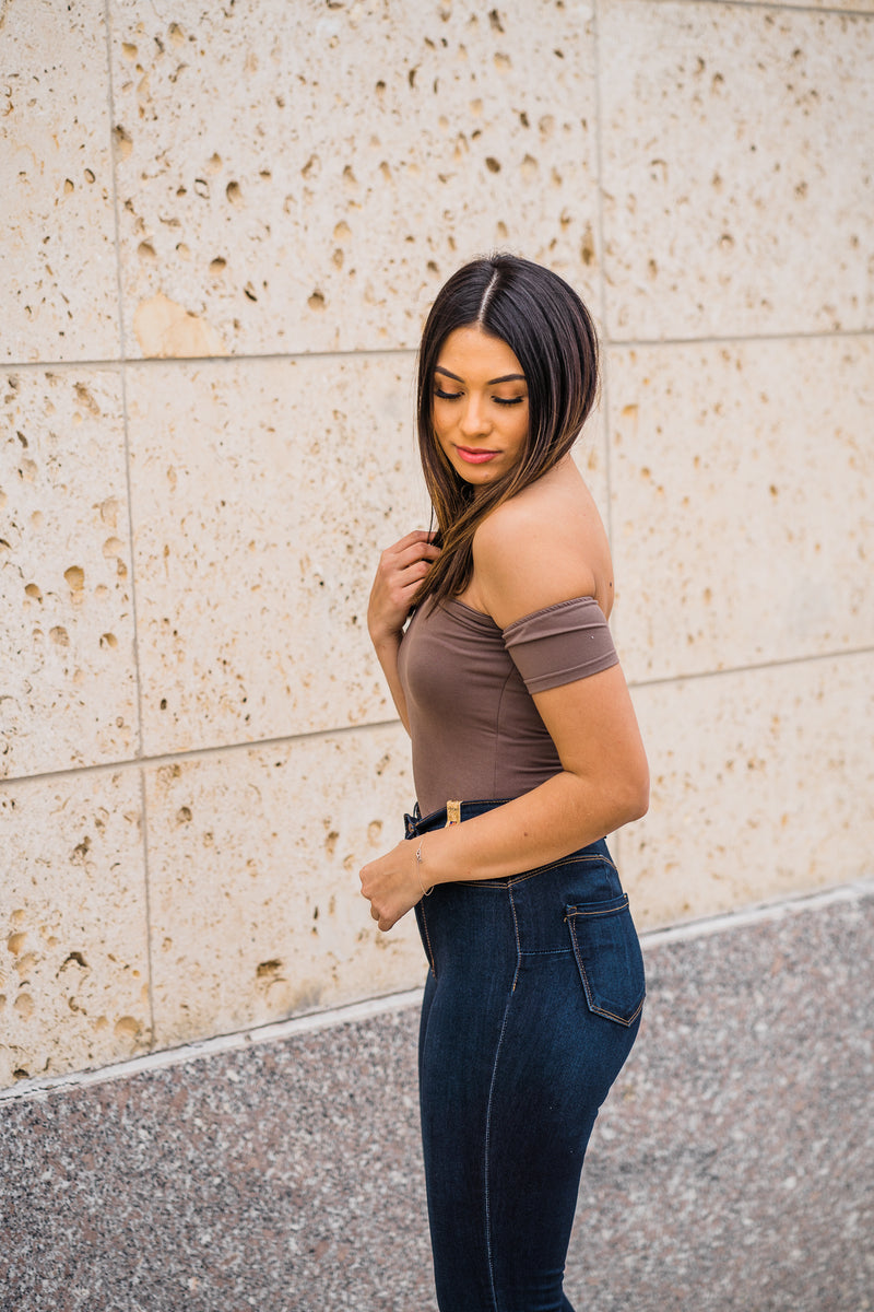 Side view mocha off the shoulder bodysuit 