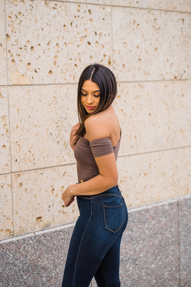 Mocha off the shoulder bodysuit