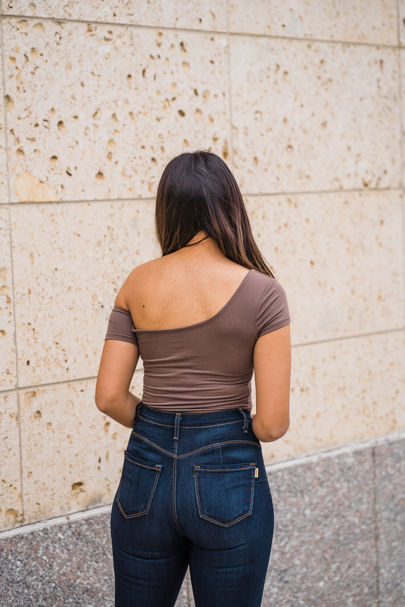 Back Mocha off the shoulder bodysuit 