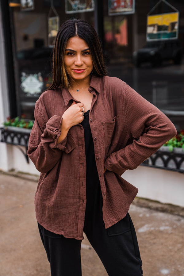 Oversized brown button up 